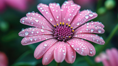 Pink flower covered in dew drops, with a focus on the shimmering droplets enhancing its natural beauty.の素材