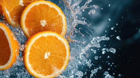 Juicy oranges splashing in water from above, with plenty of space on the left for textの素材