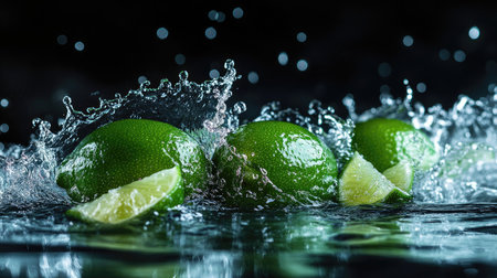 Freshly cut limes splashing in water, with copy space on the top for brandingの素材