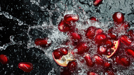 Pomegranate seeds splashing in water, top view. Ideal for adding text or branding on the leftの素材