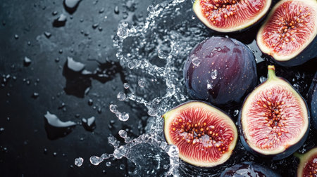 Fresh figs with splashes of water, from above. Ideal for adding text on the left sideの素材