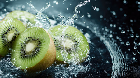 Fresh kiwi fruit with water splashes from above, with ample space on the top for textの素材