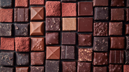 Close-up shot of a variety of chocolate pieces arranged neatly, with room for your messageの素材