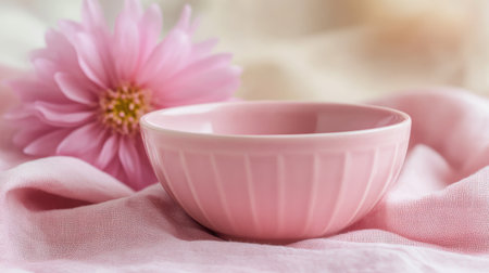 Pink bowl placed on a matching pink cloth, with a pink flower in the background, creating a harmonious and elegant setting.の素材