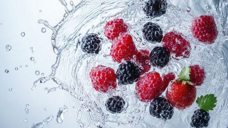 Fresh berries splashing in water from above, with ample copy space on the rightの素材
