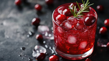Glass of refreshing red drink topped with fresh cranberries, offering a vibrant and appetizing look.の素材