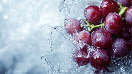 Fresh grapes with water splashes from a top view, ideal for adding text on the rightの素材