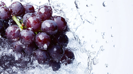 Grapes with water splashes from above, ample space available on the top for textの素材