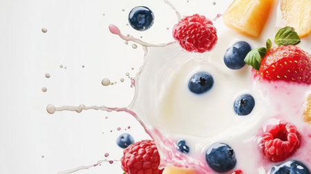 Close-up of milk with mixed fruit flavors splashing against a clean white background, perfect for adding textの素材