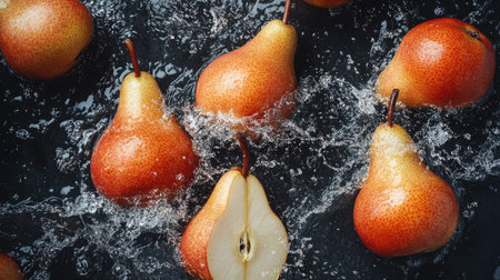 Fresh pears splashing in water from a top view. Copy space available for branding on the topの素材