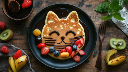 Creative kids' meal: cat-shaped pancake with assorted fruit and chocolate syrup, top viewの素材