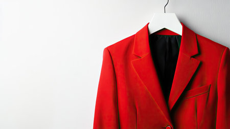Sophisticated red blazer on a white hanger with ample copy space aboveの素材