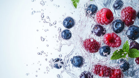 Fresh berries splashing in water from above, with ample copy space on the rightの素材