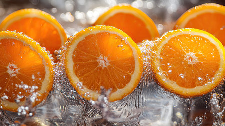 Freshly cut oranges with splashes of water, with copy space at the bottom for your message --ar 16:9の素材