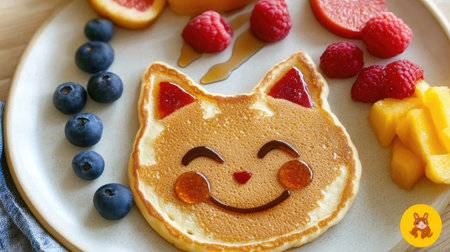 Smiling cat-shaped pancakes with fresh fruit and syrup, fun breakfast for preschoolersの素材