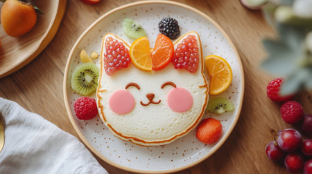 Pancake cat plate with colorful fruit features, designed to delight toddlers at breakfastの素材