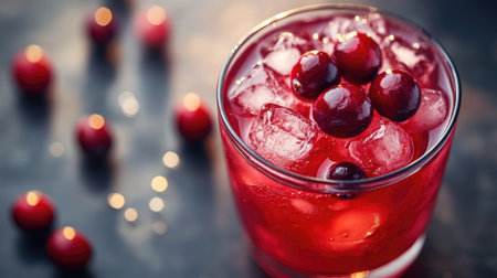 Glass of refreshing red drink topped with fresh cranberries, offering a vibrant and appetizing look.の素材