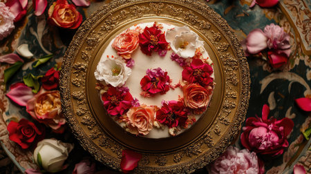 Top view of an elegant Indian wedding cake with intricate designs and flowersの素材