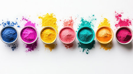 Top view of colorful Holi powders scattered in bowls on a clean white backgroundの素材