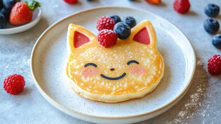 Fun breakfast plate: pancakes shaped like a smiling cat with berry toppings, great for toddlersの素材