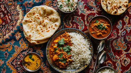 Top view of a traditional Indian meal with biryani, curry, and naan bread on a vibrant tableclothの素材