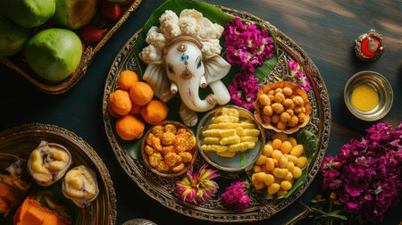 Top view of Ganesh Chaturthi offerings with fruits, sweets, and flowers on a decorative trayの素材