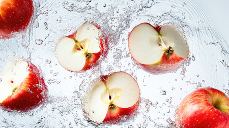 Sliced apples splashing in water from a top view. Ample space on the right for promotional textの素材