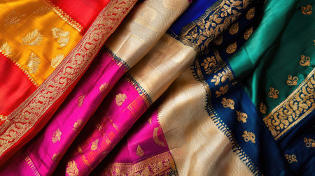 Top view of colorful silk fabric with traditional Indian embroidery and decorative accentsの素材