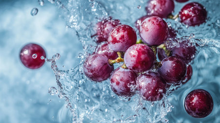 Grapes splashing in clear water from a top view. Copy space available for promotional textの素材