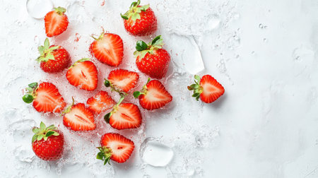 Sliced strawberries with water splashes, ideal for adding text or branding on the topの素材