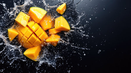 Sliced mangos splashing in water, top view. Copy space available at the bottom for your messageの素材