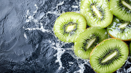 Sliced kiwis with water splashes, top view. Ample copy space at the top for your messageの素材