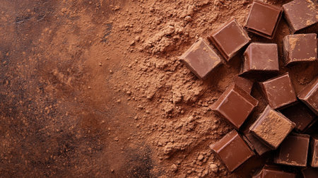 Overhead view of chocolate squares and cocoa powder, with plenty of copy spaceの素材