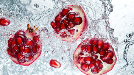 Pomegranate seeds splashing in water, top view. Ideal for adding text or branding on the leftの素材