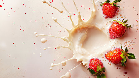 High-angle shot of fruity milk creating splashes with ample white space for copy, on a light backgroundの素材