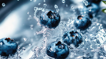 Juicy blueberries with water splashes from above. Copy space available on the top for your messageの素材