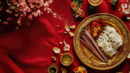 Top view of a beautifully arranged Puja thali with incense sticks, flowers, and offerings on red fabricの素材