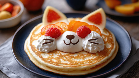 Cute pancake cat face with assorted fruit and whipped cream, perfect for a fun kids' breakfastの素材