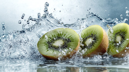 Sliced kiwi fruit splashing in water, with copy space at the top for your messageの素材