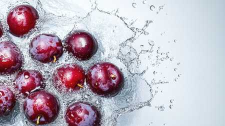 Juicy plums splashing in water, top view with ample space on the right for your messageの素材