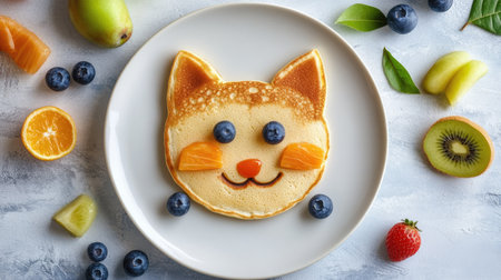 Top view of a playful cat face made from pancakes and fruit, ideal for 3-4 year oldsの素材