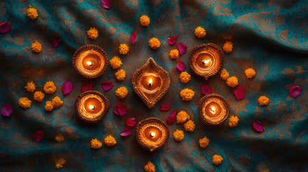 Top view of Diwali diyas arranged with golden lights and marigold petals on a rich fabricの素材