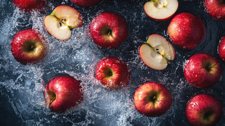 Sliced apples splashing in water from a top view. Copy space available for promotional textの素材