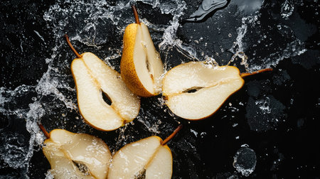 Sliced pears with water splashes from a top view. Ideal for adding text on the leftの素材