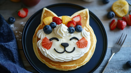 Cute pancake cat face with assorted fruit and whipped cream, perfect for a fun kids' breakfastの素材