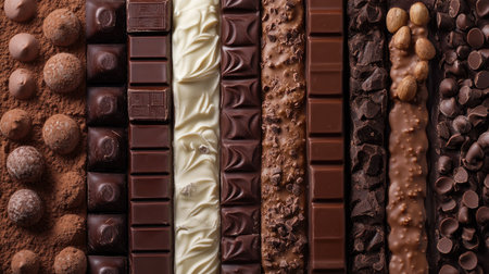 Close-up shot of a variety of chocolate pieces arranged neatly, with room for your messageの素材