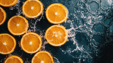 Sliced oranges with water splashes from above, with copy space on the bottom for brandingの素材