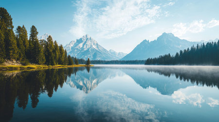 Majestic Grand Tetons reflected in a calm lake, creating a stunning landscape. Copy space on the left sideの素材