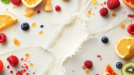 Bird-eye view of fruity milk splashing, with a clear, empty area around for adding your messagの素材