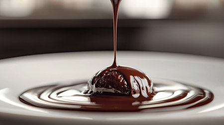 Close-up shot of chocolate syrup drizzling on a plate, with a clean area for textの素材